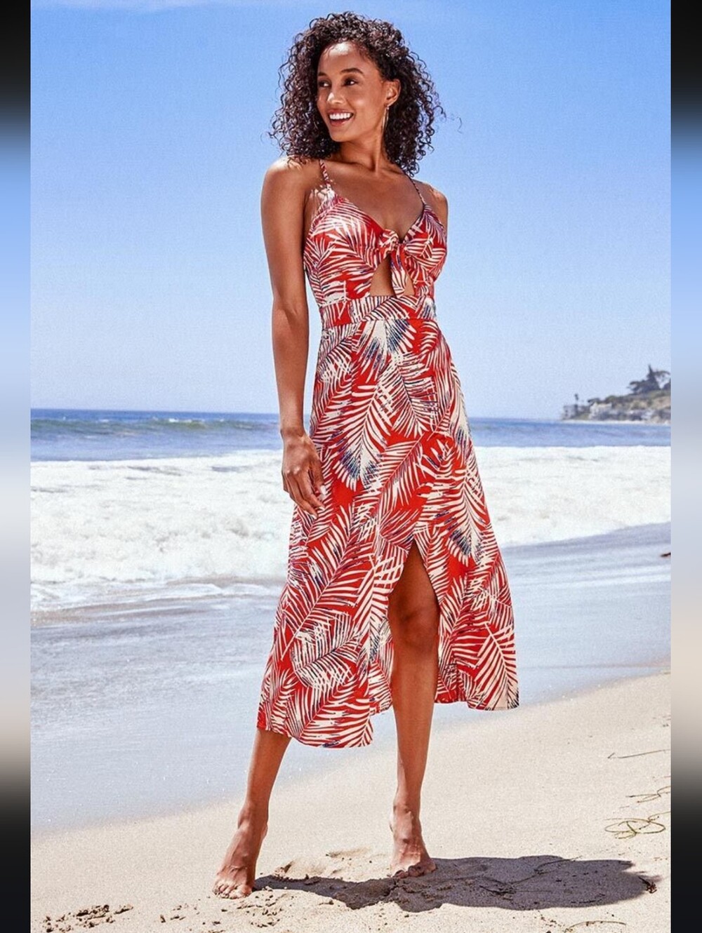 NWT XL Cupshe Red Palm-Print Tie-Front Dress Reagon Tropical Knotted Dress